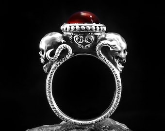 Skull Gothic Ring Silver Gift, Gothic Skull Garnet Ring, Occult Ring Skull, Chevalier Skull Ring, Witch Ring Skull, Wiccan Ring Snake Skull