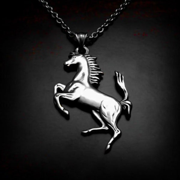 Ferrari Necklace Silver For Men, Prancing Horse Mens Gift, Silver Men Pendant, Silver Ferrari Horse Necklace, Men Gift Necklace Silver Horse