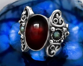 Vintage Ring Silver, Women Gift Ring Garnet, Antique Ring Silver, Art Nouveau Ring, Vintage Ring, Labradorite Ring Silver, Gift For Her Ring