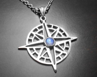 North Star Necklace, Moonstone Necklace, Polaris Star Necklace, Mens Gift Silver, Vintage Pendant, Celestial Pendant, Celestial Jewelry