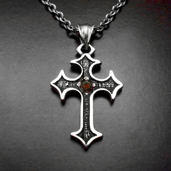 Sterling Silver Handmade Cross Men, Cross Necklace Men, Gothic Cross, Garnet Cross, Gothic Jewelry Cross, Medieval Pendant, Templar Necklace