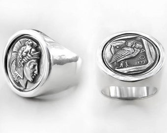 Athena Ring, Sterling Silber Ring Männer, Eule Ring Silber Männer, Athena Eule Ring, griechischer Münze Ring, griechischer Schmuck, Chevalier Ring, Sovereign Ring