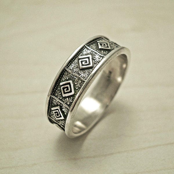 Greek Key Silver Band, Mens Wedding Band, Mens Wedding Ring, Silver Mens Ring, Mens Silver Ring, Bague Homme, Husband Gift, Silver Mens Band