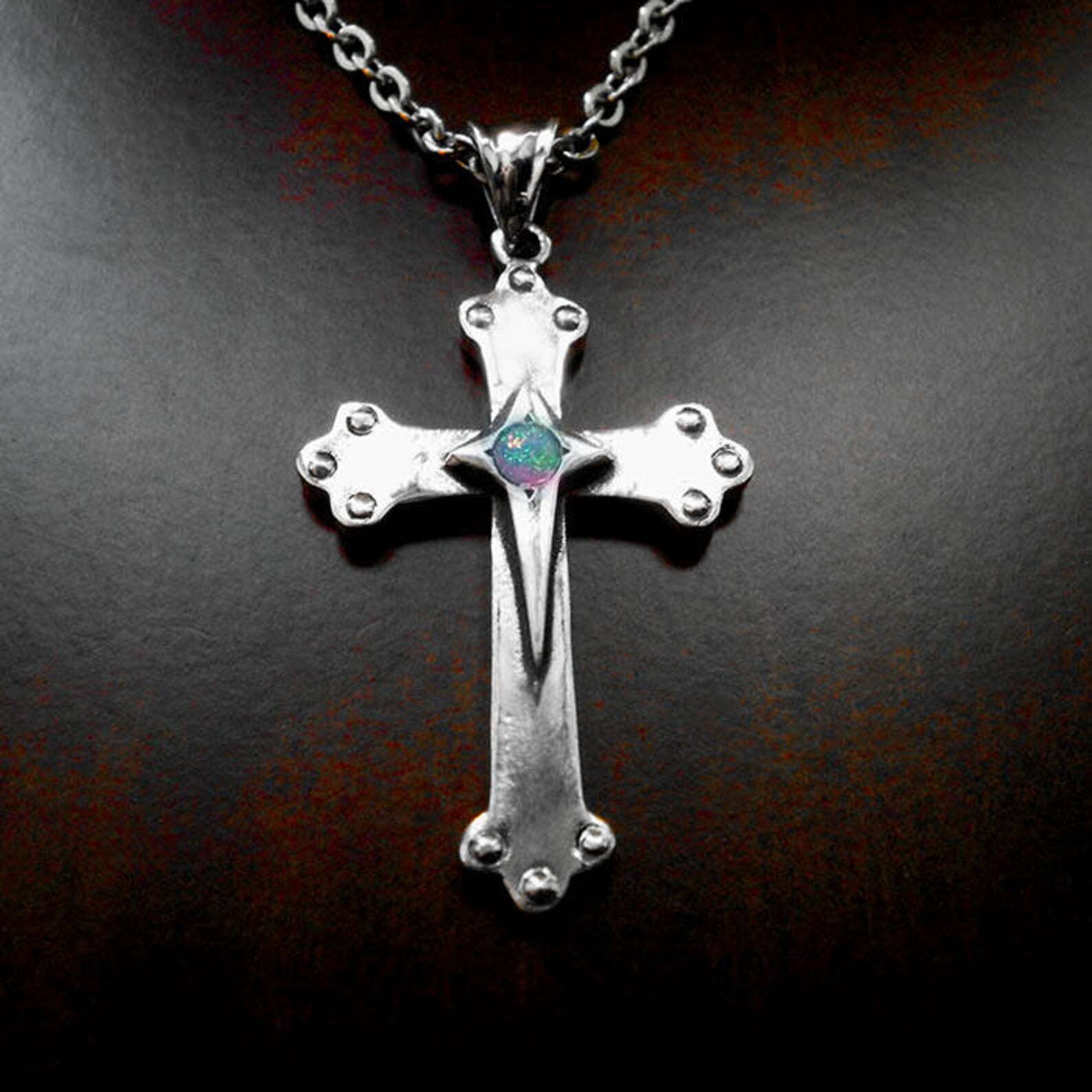 Opal Cross Silver Cross Pendant Cross Necklace Men Opal Etsy