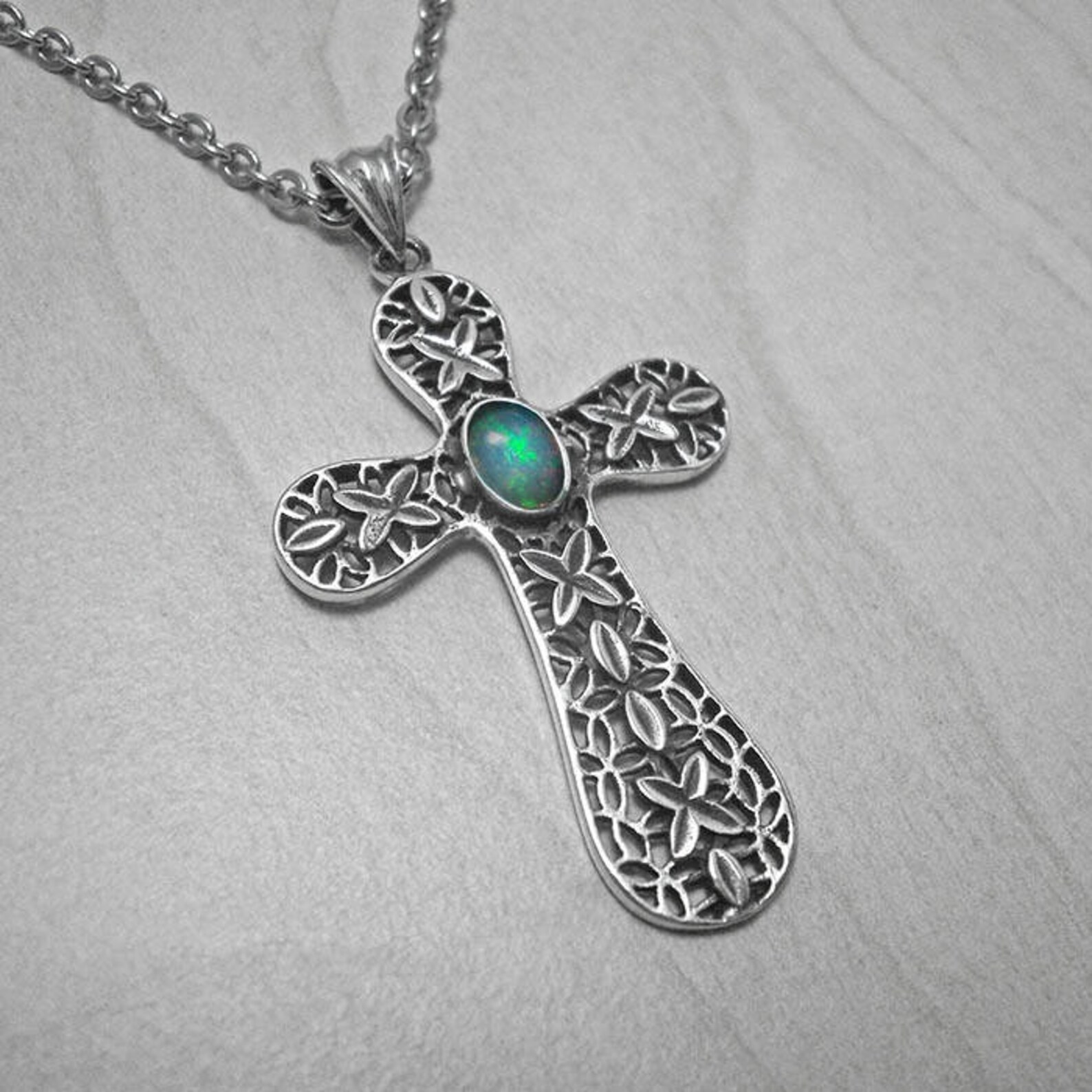 Opal Cross Necklace Men Necklace Gift Baptism Cross Silver Etsy