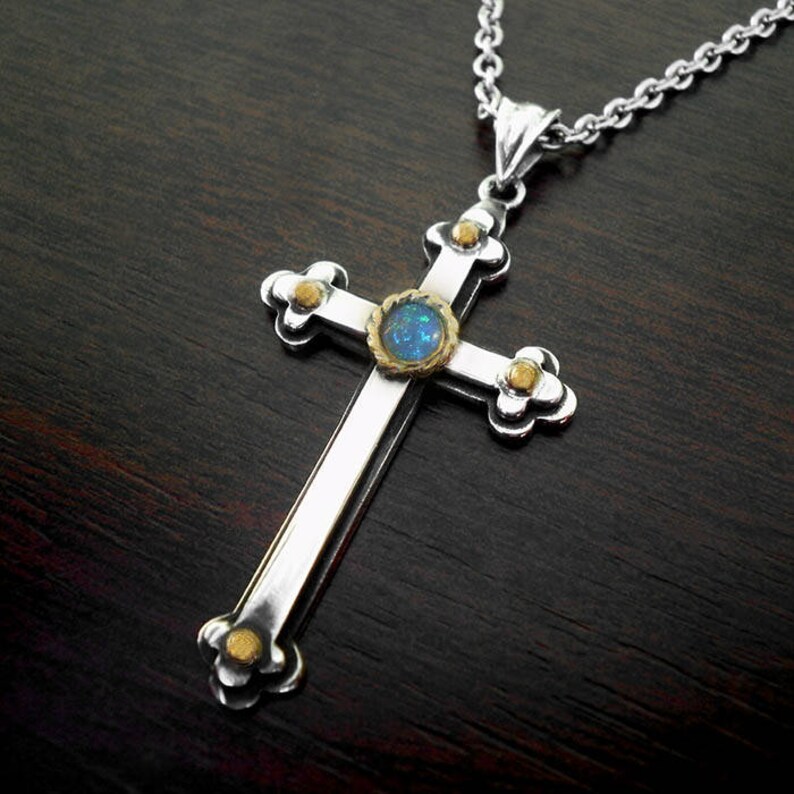 Opal Cross Opal Necklace Silver Cross Man Cross Necklace Etsy