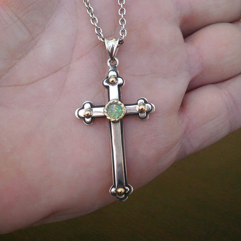 Opal Cross Opal Necklace Silver Cross Man Cross Necklace Etsy