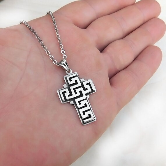 Silver Handmade Greek Key Cross Necklace Sterling Silver Cross