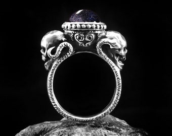 Skull Gothic Ring Silver Gift, Gothic Skull Black Goldstone Ring, Occult Ring Skull, Chevalier Skull Ring, Witch Ring Skull, Wiccan Ring