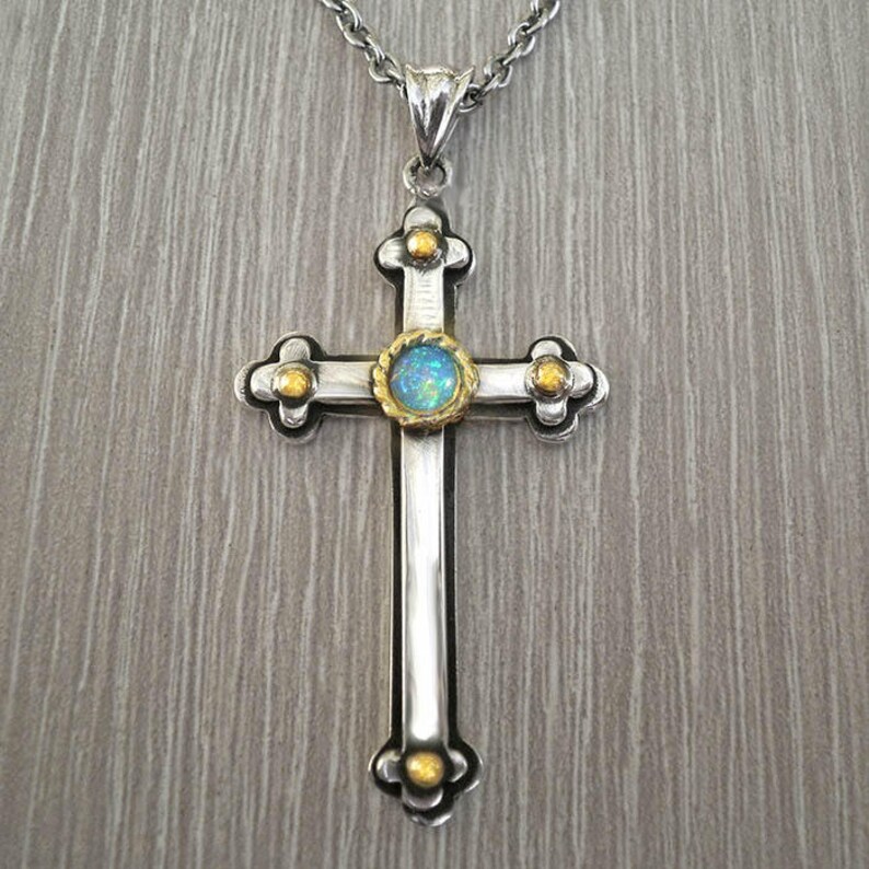 Opal Cross Opal Necklace Silver Cross Man Cross Necklace Etsy