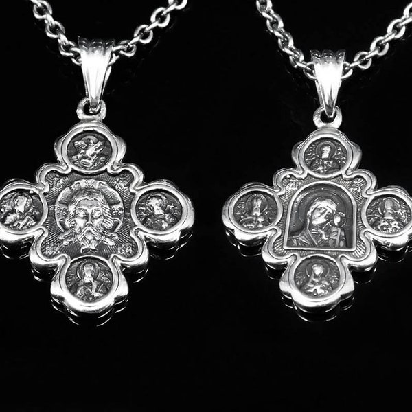 Sterling Silver Cross Necklace Men, Holy Saints Silver Cross, Jesus Necklace, Baptism Cross Necklace, Virgin Mary Cross, Encolpion Cross