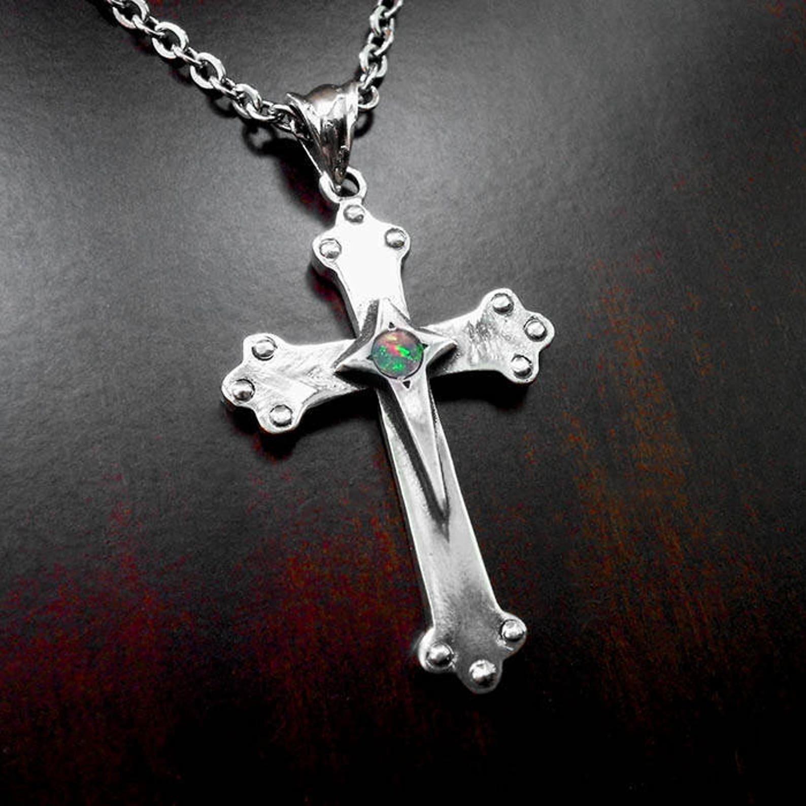 Opal Cross Silver Cross Pendant Cross Necklace Men Opal Etsy