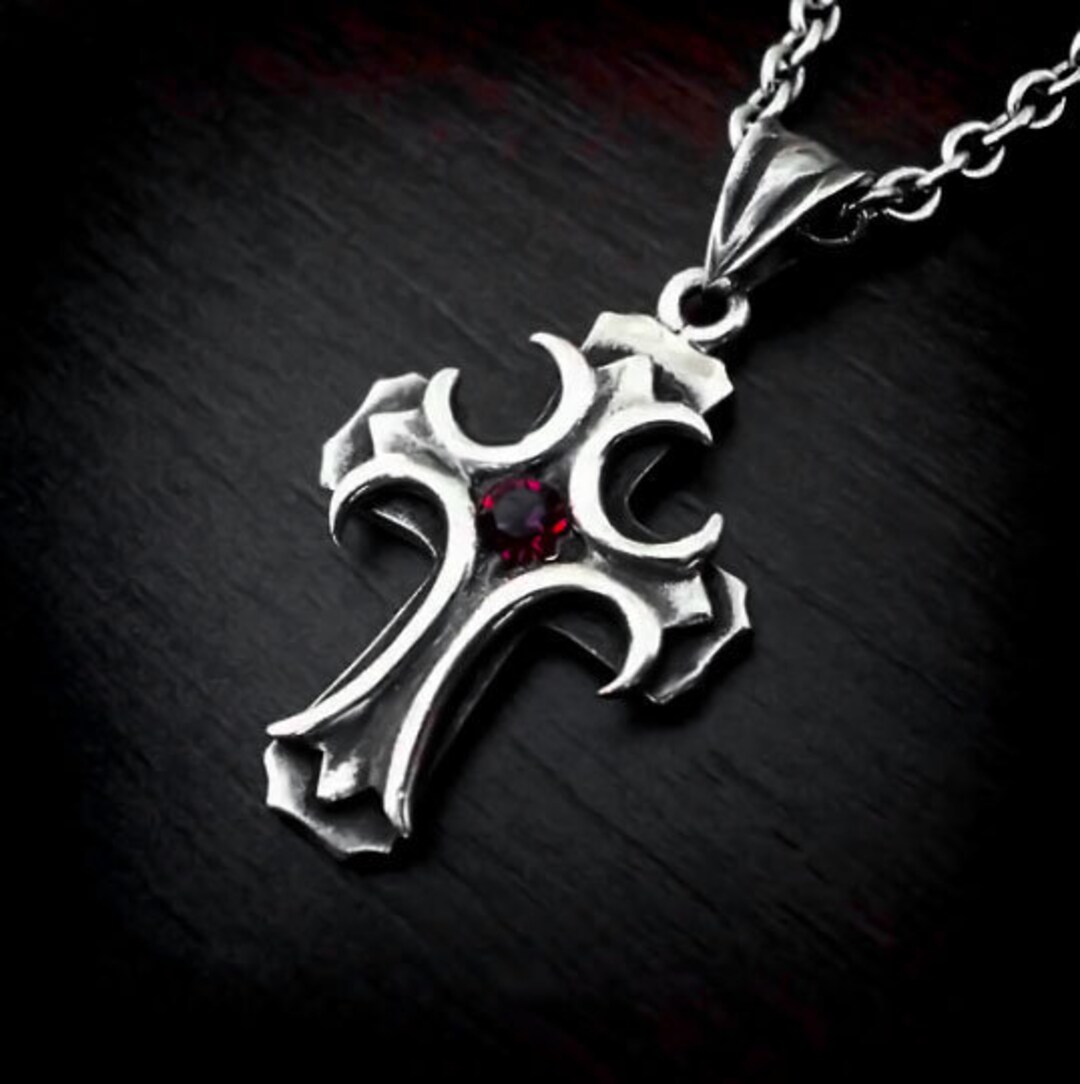 Gothic Cross Necklace Silver Men Sterling Silver Cross Pendant Gothic Jewelry Cross Necklace Garnet Necklace Cross Men Medieval Necklace Etsy