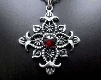 Silver Cross Pendant, Victorian Necklace, Vintage Necklace, Antique Necklace, Gothic Pendant, Vintage Cross, Garnet Cross, Religious Jewelry