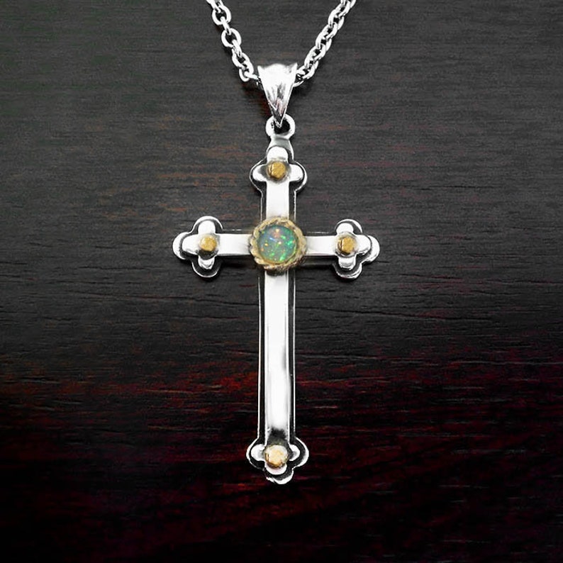 Opal Cross Opal Necklace Silver Cross Man Cross Necklace Etsy