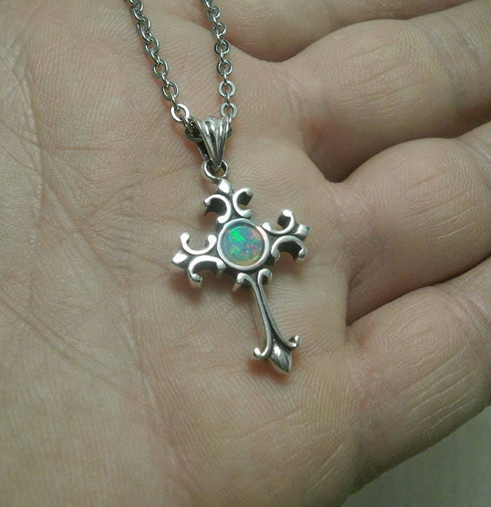 Opal Cross Necklace Sterling Silver Handmade Silver Opal Etsy