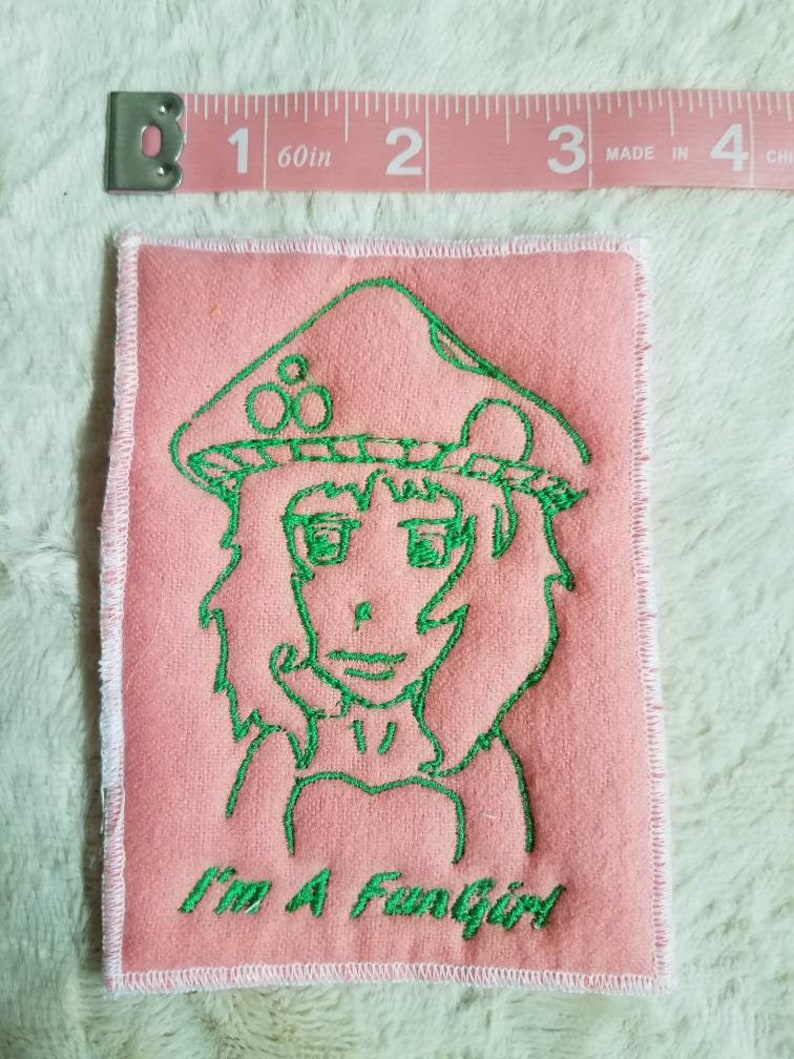 Mushroom girl FunGirl Patch original design patchwork embroidery pink and green