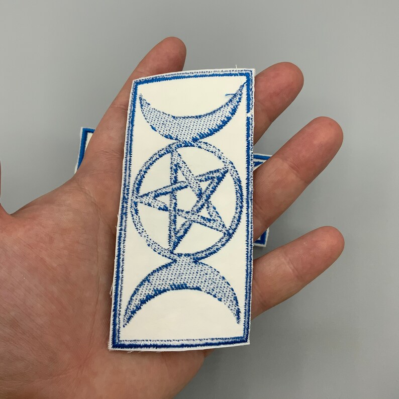 Triple Moon Pentacle Patch blue thread embroidered on white flower fabric goddess symbol moon phase