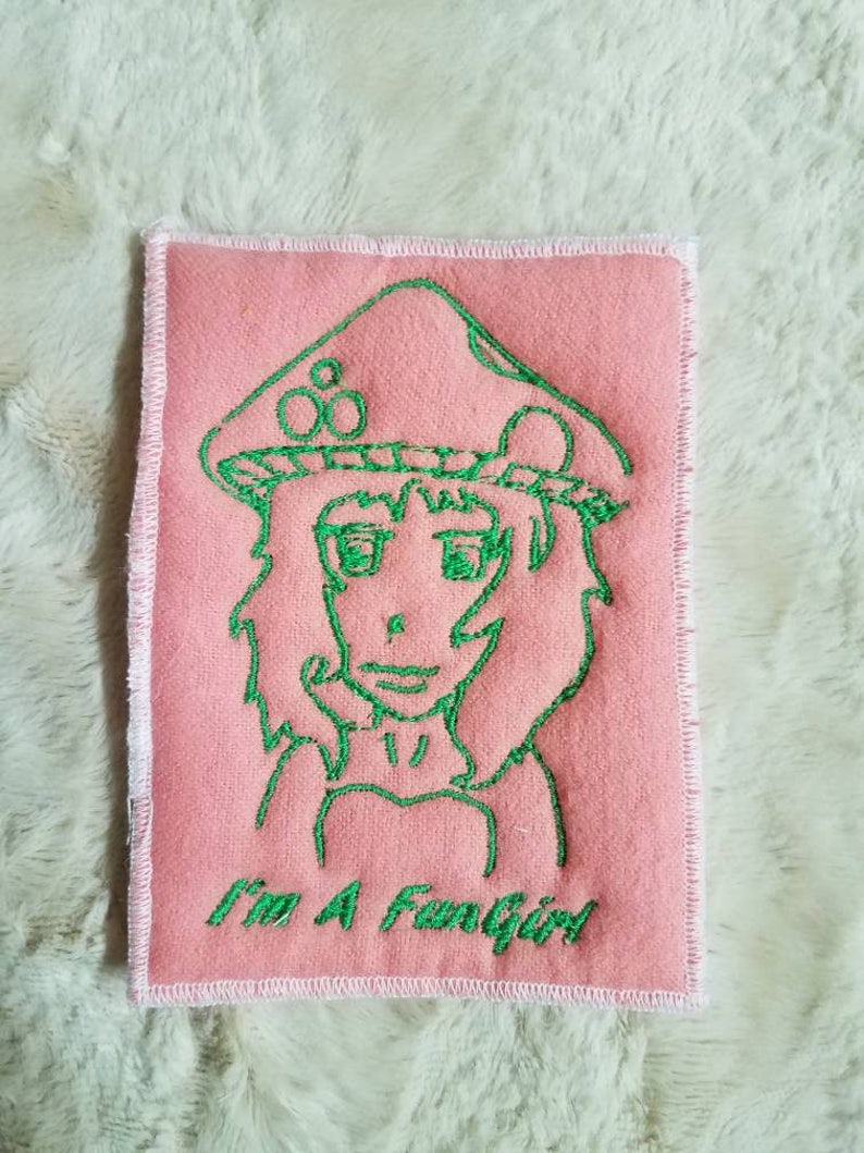 Mushroom girl FunGirl Patch original design patchwork embroidery pink and green