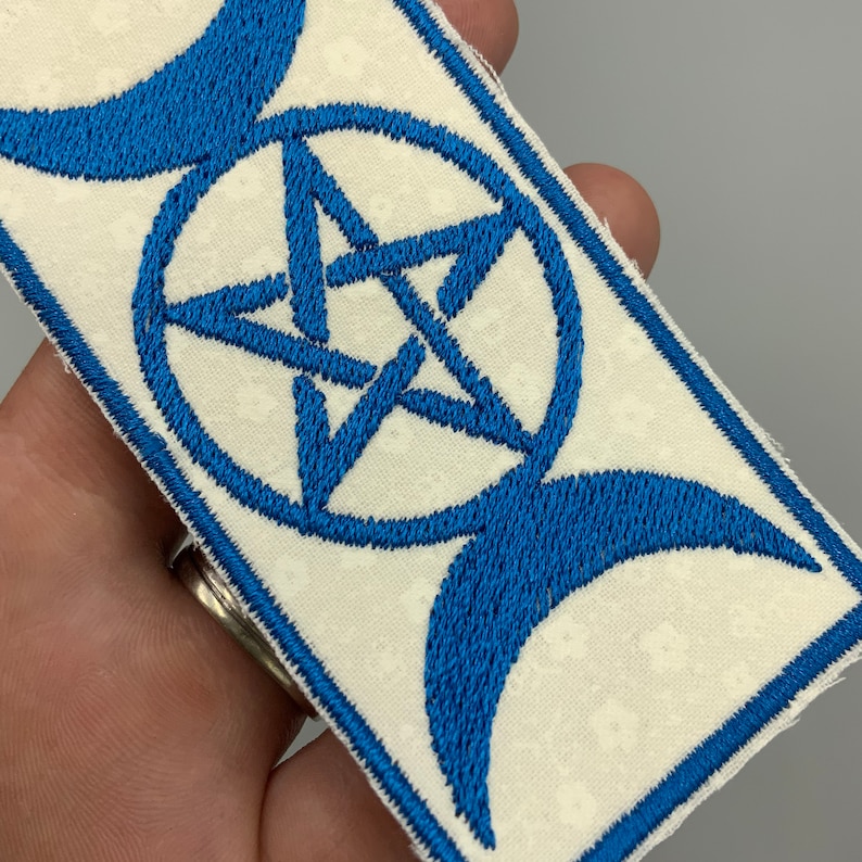 Triple Moon Pentacle Patch blue thread embroidered on white flower fabric goddess symbol moon phase