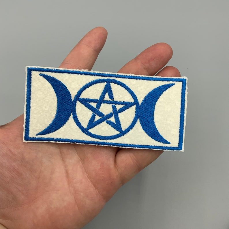 Triple Moon Pentacle Patch blue thread embroidered on white flower fabric goddess symbol moon phase