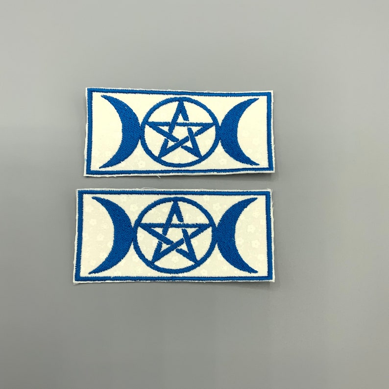 Triple Moon Pentacle Patch blue thread embroidered on white flower fabric goddess symbol moon phase