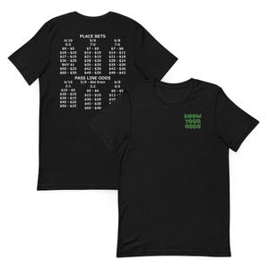 Craps Cheat Sheet Unisex T-shirt Know Your Odds with Place Bets and Pass Line Payout Odds and Bets