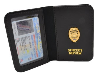 Police Family Member ID Wallet Leather License Case - Custom Imprint - Personalized Selection of Officer Sergeant Chief Chaplain Mini Badge