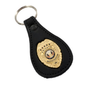 PI Private Investigator Mini Badge Leather Key Chain FOB Holder Ring Tag
