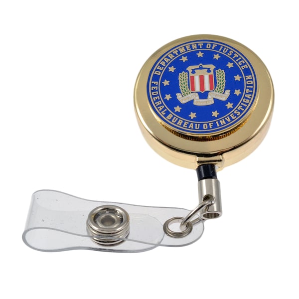 FBI Federal Seal Emblem Gold Retractable Badge Reel ID Holder Gold Police