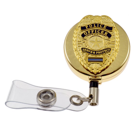 Police Officer Blue Line Gold Retractable Badge Reel Security ID Card Holder  -  Canada