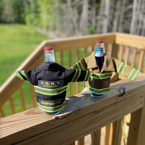 Miniature Firefighter Jacket Bottle Insulator Tan or Black Customize for your department!