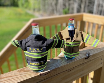 Miniature Firefighter Jacket Bottle Insulator Tan or Black Customize for your department!