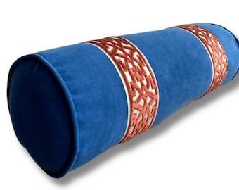 Bed bolster cover 9 x 26 queen king size piping cobalt blue velvet fretwork copper rust orange trim tape round pillow cover in stock