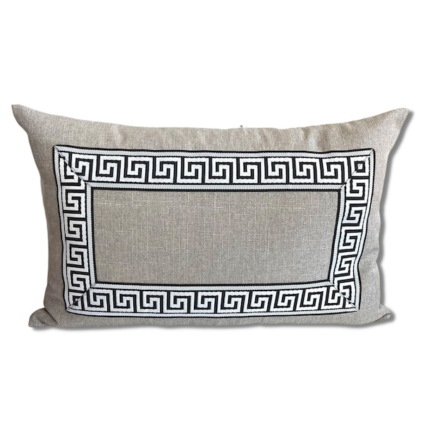 Greek key Pillow Cover Greige linen Flax neutral black white trim tape 14 x 22 lumbar ready to ship in stock