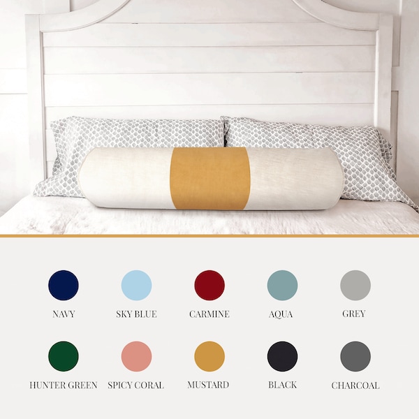 LONG BED Bolster Cover Twin, Queen, King size  designer Flax linen velvet panel color block Pillow cushion lumbar piping 10 Colors