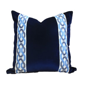 Navy velvet pillow cover wt blue off white trim tape Ready TO Ship Designer Ivory Chain Link Fret ribbon 16  gift