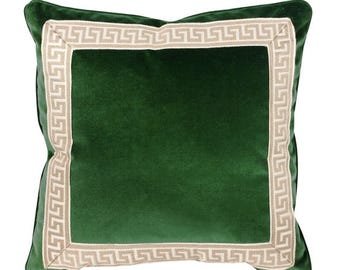 Emerald Green Designer Velvet Pillow Cover Greek key ribbon trim All Size Available Malachite jewel tone