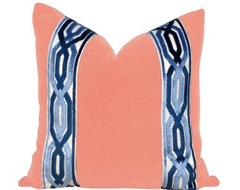 Salmon Pink Coral Designer linen Pillow Cover blue navy off white ribbon trim 22"  peach chinoiserie Passementerie Chain Link