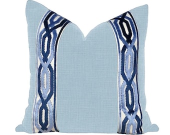 Designer Italian linen light blue Pillow Cover blue navy off white ribbon trim 16x16 chinoiserie Passementerie IN STOCK Chain Link