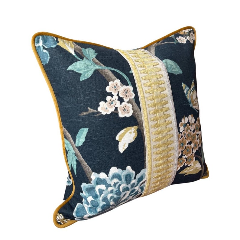 Designer Robert Allen Chinoiserie Bird Cotton Pillow Cover with Fret Velvet trim and Piping image 2