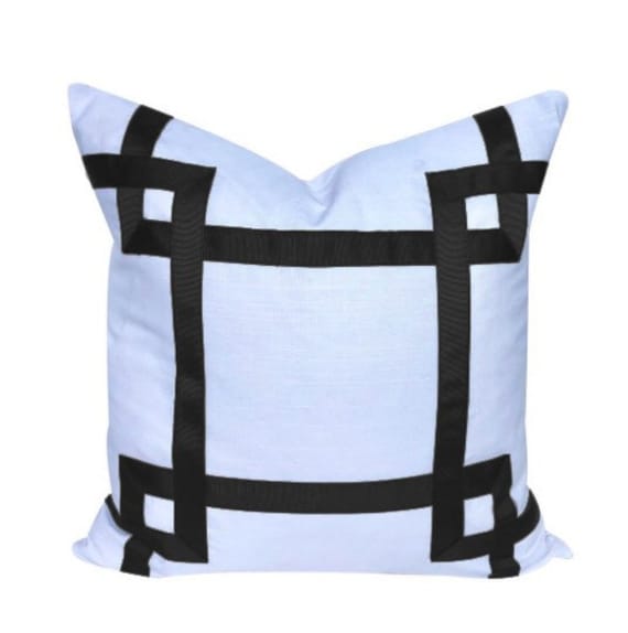 Italian Designer White Linen Pillow Cover Black Greek Key Fret
