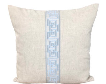 Designer Pillow Cover Flax Belgium Linen Beige natural light blue fretwork trim ribbon Tape Lumbar Square cottage