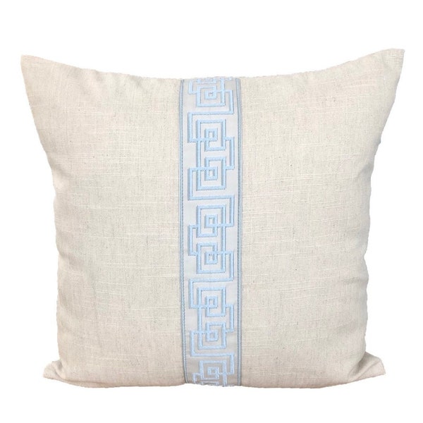 Designer Pillow Cover Flax Belgium Linen Beige natural light blue fretwork trim ribbon Tape Lumbar Square cottage