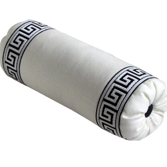 Bolster White Linen Black Greek Key Ribbon Trim Pillow Cover All