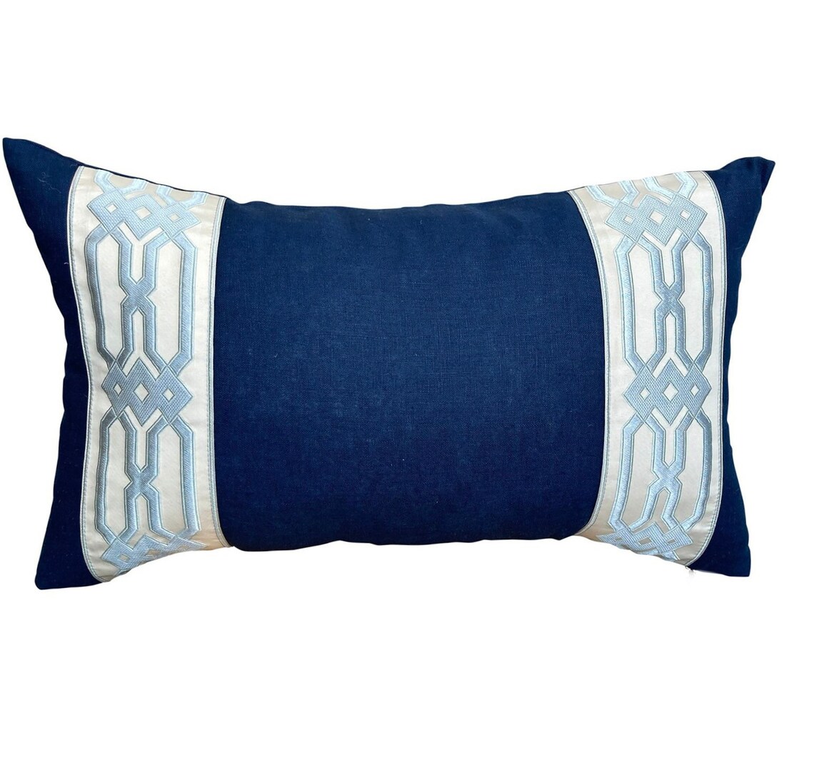 Navy Designer Linen Pillow Cover Light Blue Fretwork Tape Etsy