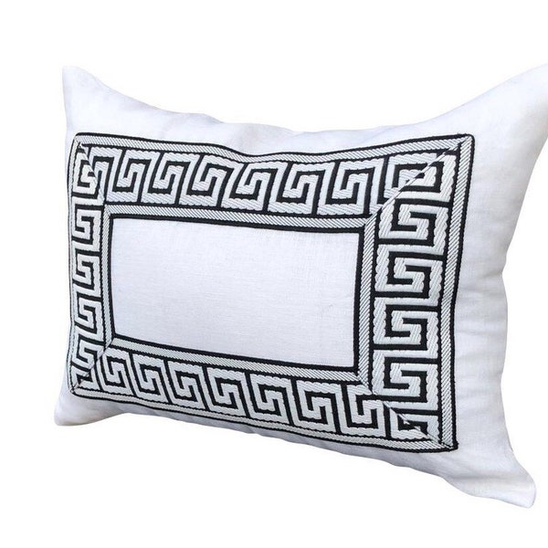 Pillow Cover black Greek key lumbar White Italian Designer Linen  ribbon trim All Size In Stock