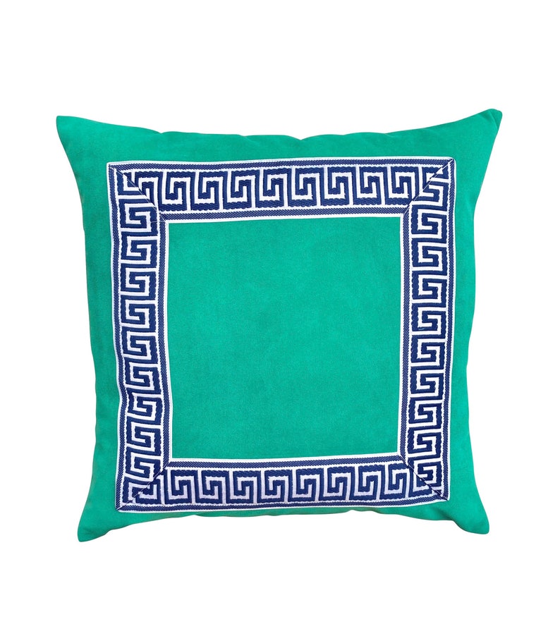 Greek Key Kelly Green Velvet Pillow Cover tape navy white ribbon trim All Size Available designer high end