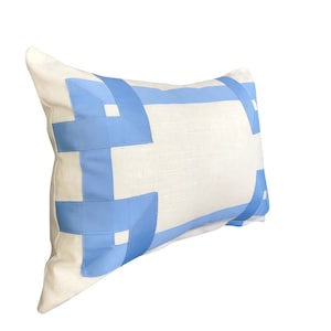Italian Designer off white Linen Pillow Cover french blue Greek key Fret Gros Grain ribbon trim chinoiserie tape hollywood regency throw
