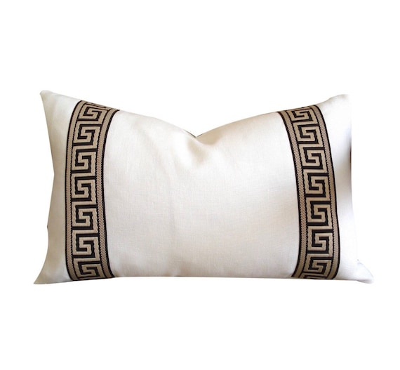 Designer off White Linen Pillow Cover Black Beige Greek Key Ribbon